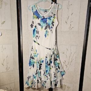 Dressbarn White and Blue Asymmetrical Sundress with Ruffled Hem